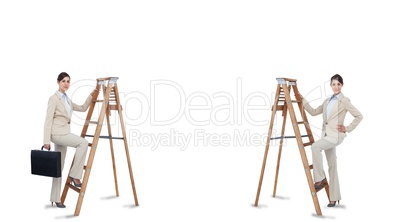 Multiple image of businesswoman climbing ladder