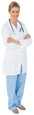 Blonde doctor in lab coat with arms crossed