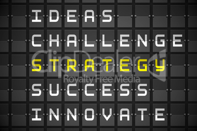 Strategy buzzwords on black mechanical board