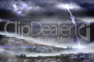 Stormy landscape with lightning bolt