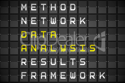 Data analysis buzzwords on black mechanical board