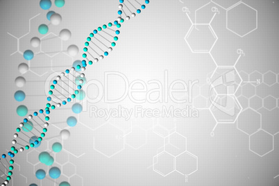 DNA helix in blue with chemical structures