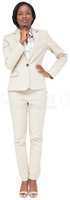 Thinking businesswoman in cream suit