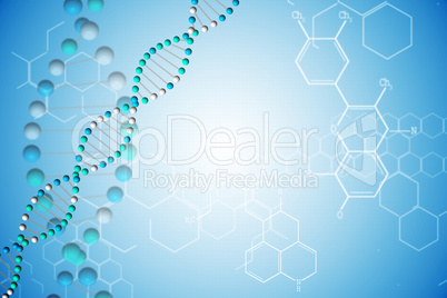 DNA helix in blue with chemical structures