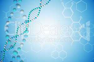 DNA helix in blue with chemical structures