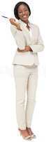 Thinking businesswoman in cream suit