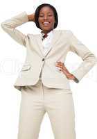 Thinking businesswoman in cream suit