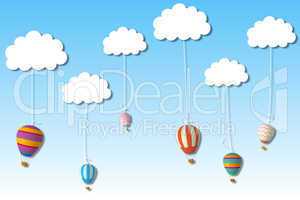 Hot air balloons hanging from clouds