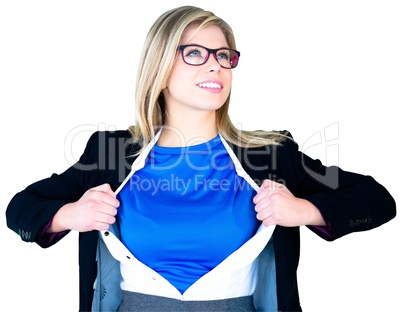 Businesswoman opening her shirt superhero style