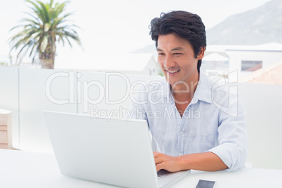 Smiling man using his laptop