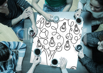 Composite image of people sitting around table drinking coffee