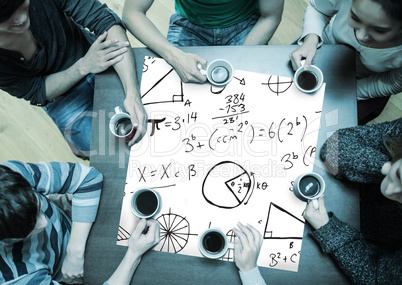 Composite image of people sitting around table drinking coffee