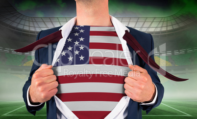 Businessman opening shirt to reveal usa flag