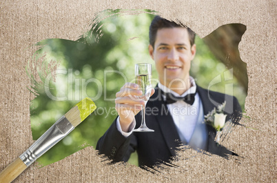 Composite image of groom toasting with champagne