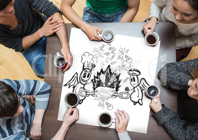 Composite image of people sitting around table drinking coffee