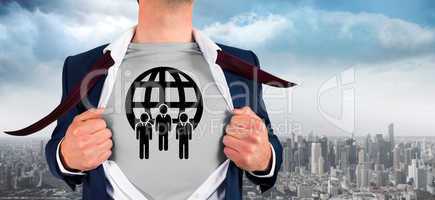 Composite image of businessman opening shirt in superhero style