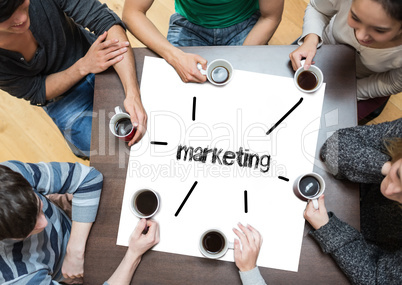 Marketing on page with people sitting around table drinking coff