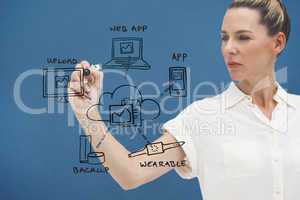 Composite image of businesswoman writing doodle