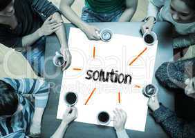 Solution on page with people sitting around table drinking coffe