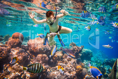 Snorkeler Maldives Indian Ocean coral reef.