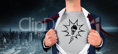 Composite image of businessman opening shirt in superhero style