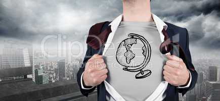 Composite image of businessman opening shirt in superhero style