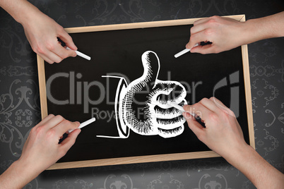 Composite image of multiple hands drawing thumb up with chalk