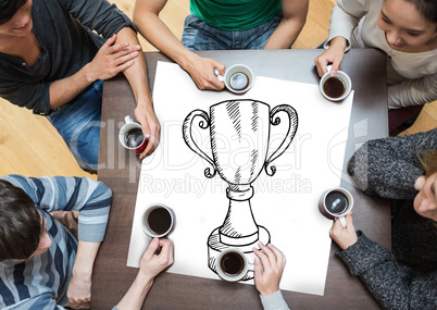 Composite image of people sitting around table drinking coffee