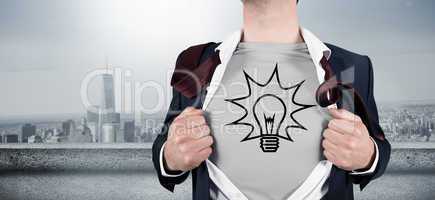 Composite image of businessman opening shirt in superhero style