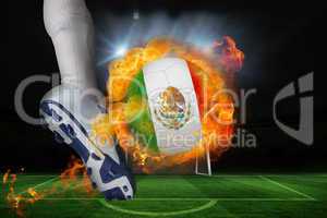 Football player kicking flaming mexico flag ball