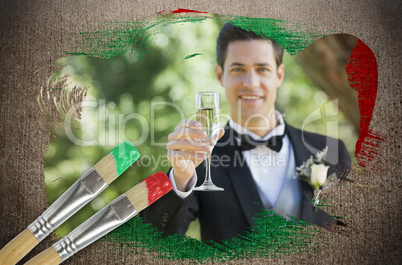 Composite image of groom toasting with champagne