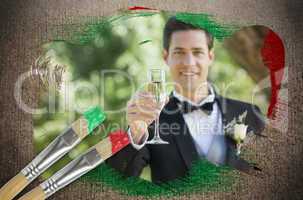 Composite image of groom toasting with champagne