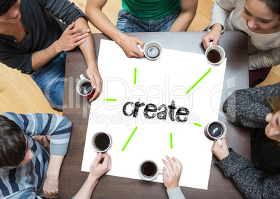 Create on page with people sitting around table drinking coffee