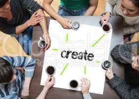 Create on page with people sitting around table drinking coffee