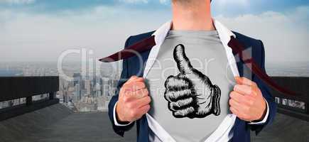 Composite image of businessman opening shirt in superhero style