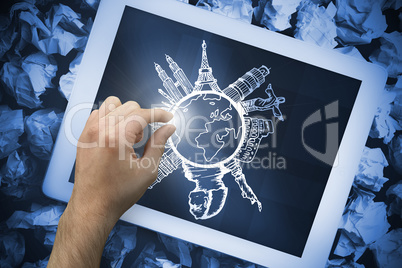 Composite image of hand touching tablet