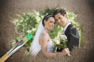 Composite image of newlyweds smiling at camera