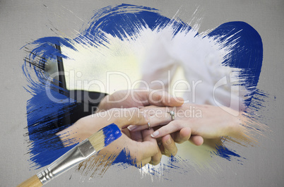 Composite image of groom placing ring on brides finger