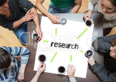 Research on page with people sitting around table drinking coffe