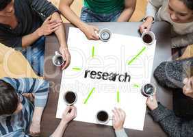 Research on page with people sitting around table drinking coffe