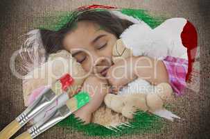 Composite image of little girl cuddling teddys