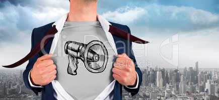 Composite image of businessman opening shirt in superhero style