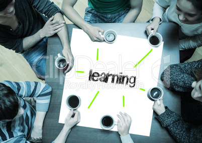 Learning on page with people sitting around table drinking coffe