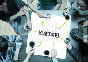 Learning on page with people sitting around table drinking coffe