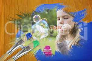 Composite image of little girl blowing bubbles