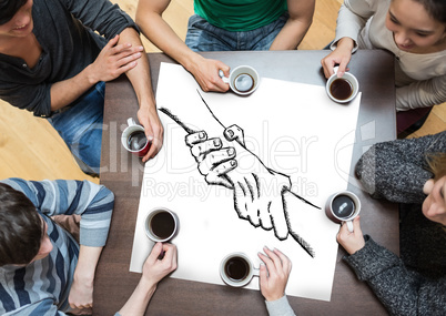 Composite image of people sitting around table drinking coffee