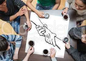 Composite image of people sitting around table drinking coffee