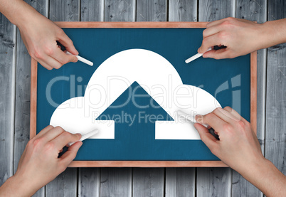 Composite image of multiple hands drawing cloud computing with c