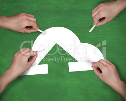 Composite image of multiple hands writing cloud computing icon w