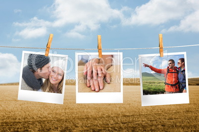 Composite image of instant photos hanging on a line